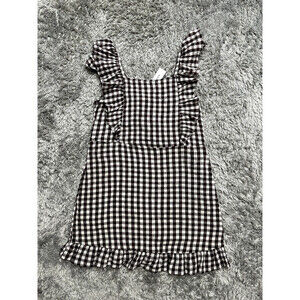Topshop Womens Black Gingham Ruffle Mini Dress Pinafore Style Tie Waist size 8